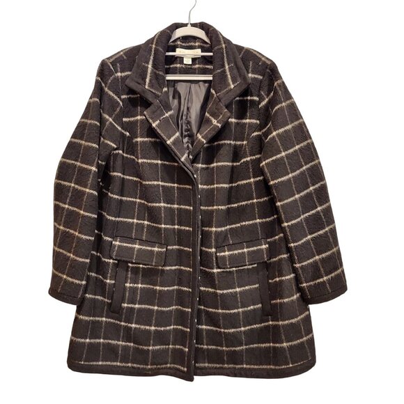 Pure Energy Overcoat Womens 1X Wool Blend Fuzzy boxy Plaid Black Button career - Picture 1 of 16